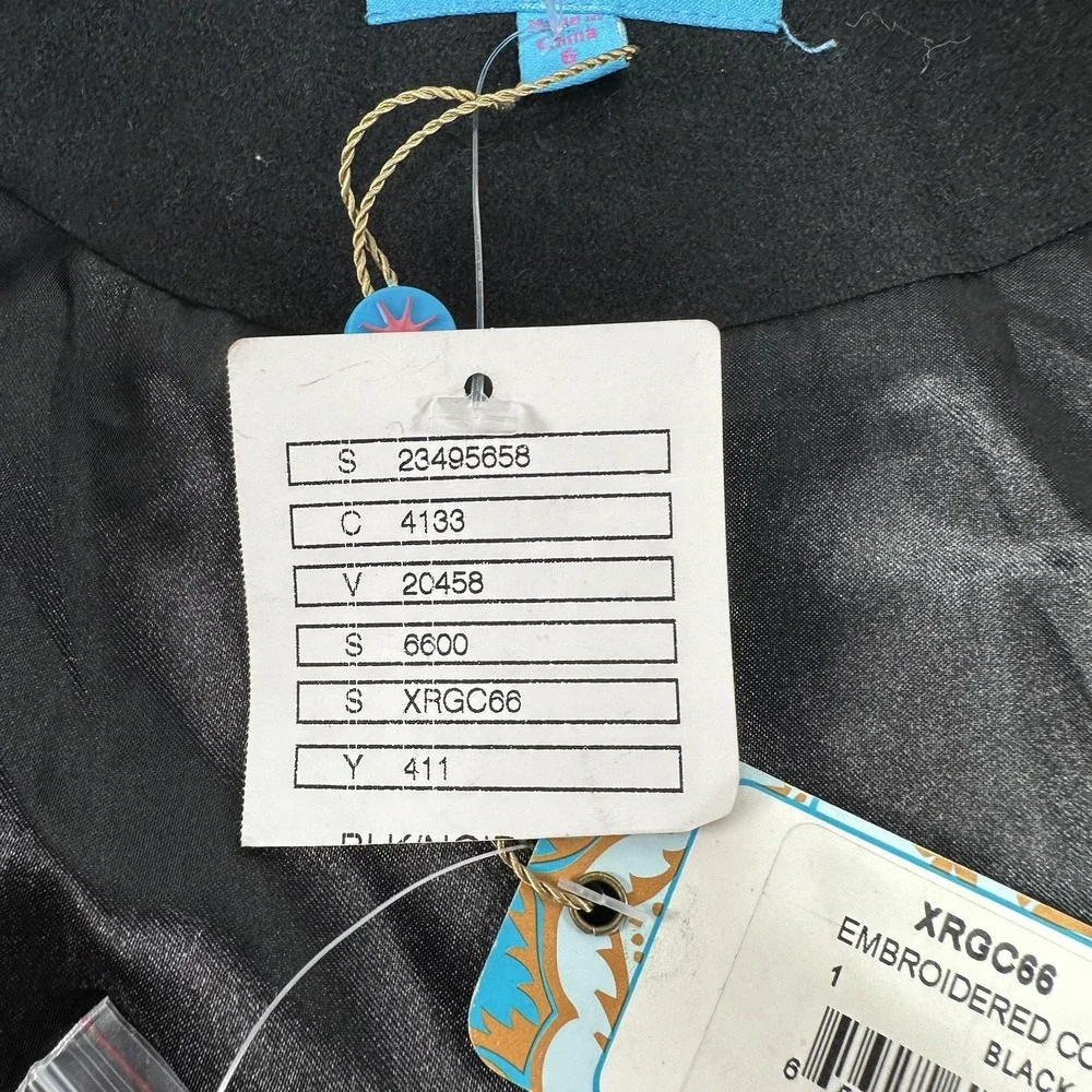 Plenty by Tracy Reese Coat Womens 6 Black Embroidered Boho Anthropologie Casual‎
